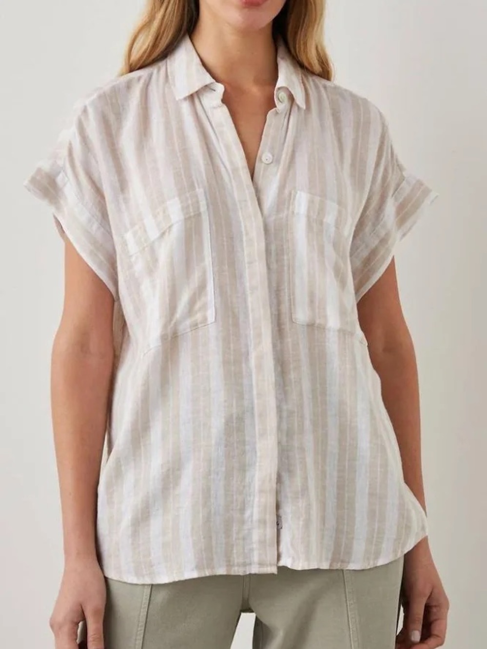 Rails Cito Shore Stripe Linen Blend Button Down Short Sleeve Shirt Beige White M